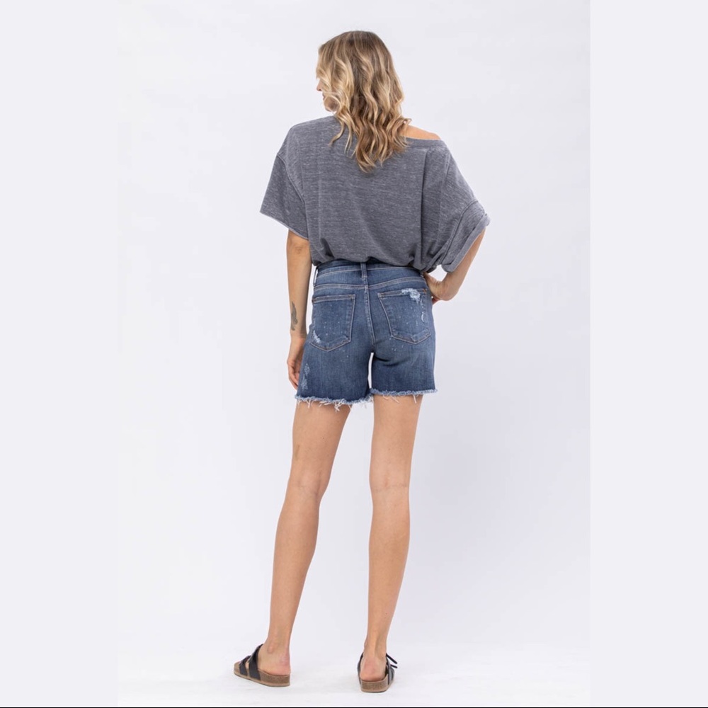 Last 1! Judy Blue Bleach Splash Mid Rise Destroyed Shorts - Picture 8 of 11